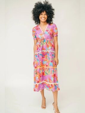 MARIE BY VICTORIA DUNN Rachelle RicRac Bright Floral Dress Size XS GUC